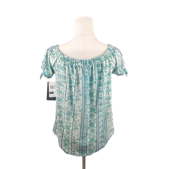 NWT Planet Gold Green Striped Boho Blouse Floral Off Shoulder Tie Sleeve Top S - Picture 2 of 8